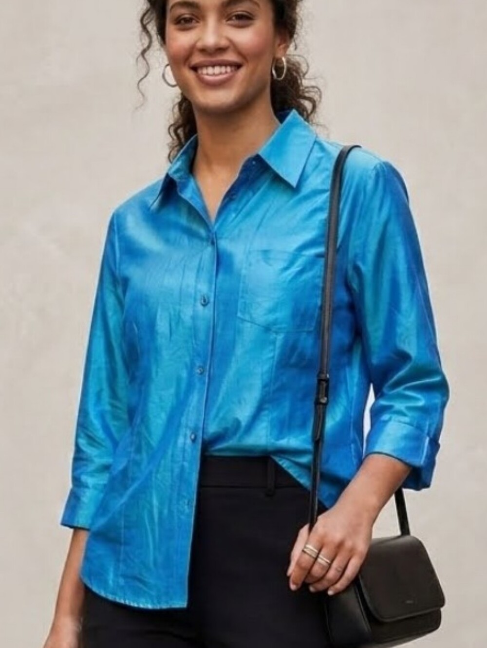 Express  100% Silk Turquoise Blue Button-Up Quater Sleeves Shirt Sz 13/14
